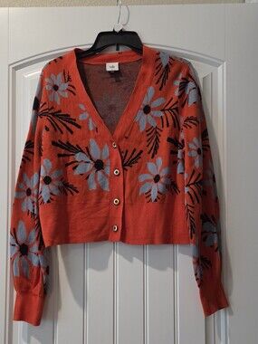 CAbi Orange Floral Button-Front V-Neck Cardigan with Blue Flowers